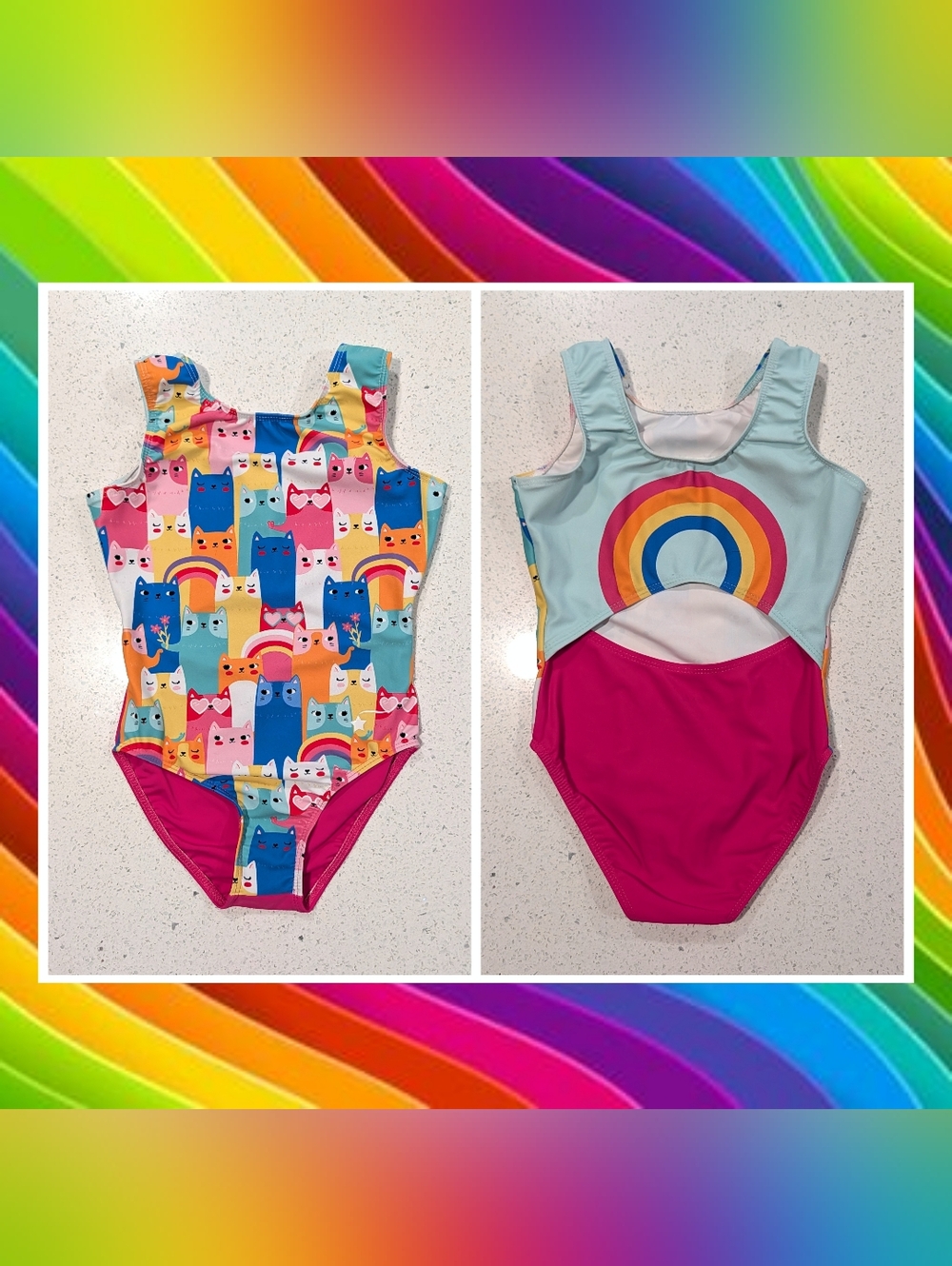 CUTE Destira Gymnastics Dance Leotard CS Child Small CATS Rainbow Soft OPEN BACK